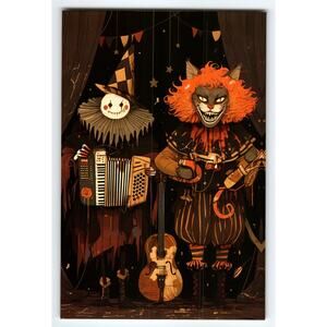Vintage Halloween Photochrome Postcard with Clown & Cat Musicians